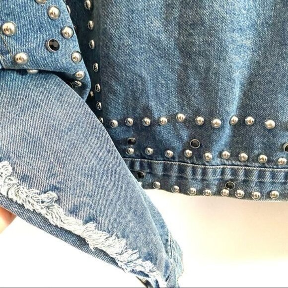 Hand Beaded Denim Over The Shoulder Rivet Studded Blue Denim Jacket One Size - Picture 4 of 10
